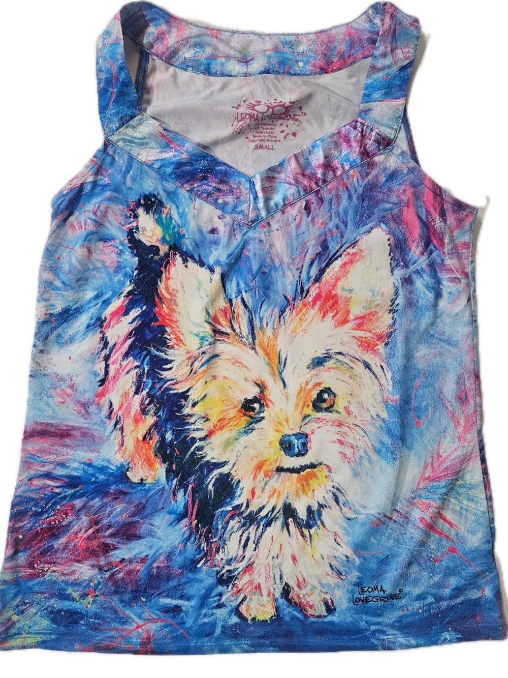 Leoma Lovegrove Pajama Top Womens S Blue Cami Graphic Yorkie Dog Art Lightweight